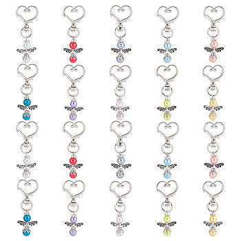 Elite Glass Pearl Keychain, with Heart Shape Zinc Alloy Swivel Lobster Clasps & Tibetan Style Alloy Beads, Angel, Mixed Color, 6.1cm, 10pcs/set, 2sets/box