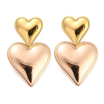 304 Stainless Steel Double Heart Dangle Stud Earrings for Women, Golden & Rose Gold, 32.5x20mm