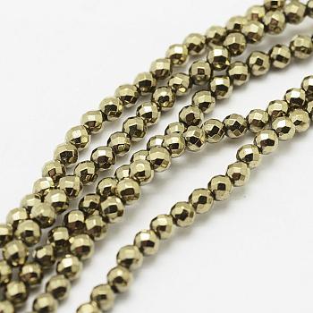 Round Non-magnetic Synthetic Hematite Beads Strands, Imitation Pyrite, Faceted, Antique Bronze Plated, 8mm, Hole: 1mm, about 46pcs/strand, 16 inch