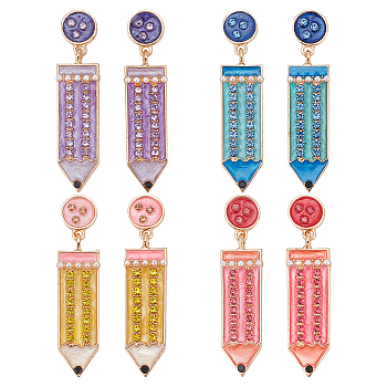 4 Pairs 4 Colors Alloy Enamel Pencil Dangle Stud Earrings for Teachers' Day, Mixed Color, 49.5x12mm, 1 Pair/color