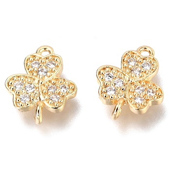 Brass Micro Pave Clear Cubic Zirconia Links Connectors, Long-Lasting Plated, Clover, Real 14K Gold Plated, 11x9x2.5mm, Hole: 0.7mm and 1mm
