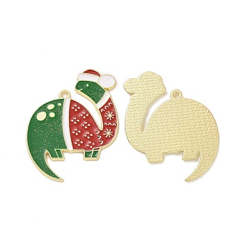 Christmas Theme Rack Plating Alloy Enamel Pendants, with Glitter Powder, Dinosaur with Hat Charms, Light Gold, 37.5x30.5x1.5mm, Hole: 1.6mm