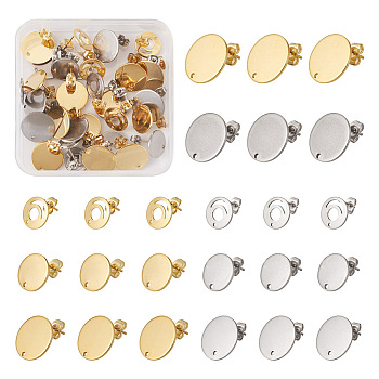 32Pcs 8 Styles 201 Stainless Steel Stud Earring Findings, with 304 Stainless Steel Pin & Hole & Friction Ear Nuts, Flat Round, Real 24K Gold Plated & Stainless Steel Color, 12~16mm, Hole: 1.2~1.4mm, Pin: 0.7mm, 4pcs/style 