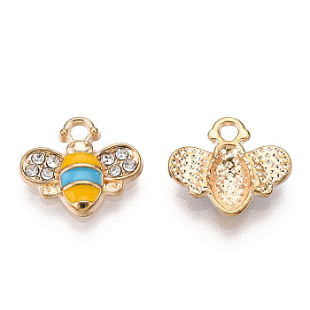 Golden Plated Alloy Enamel Charms, with Rhinestone, Bee Charm, Deep Sky Blue, 12.5x14.5x2.5mm, Hole: 1.8mm