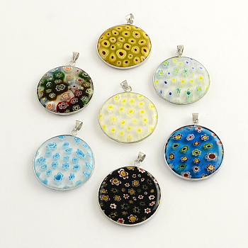 Handmade Millefiori Glass Pendants, with Platinum Tone Brass Findings, Flat Round, Mixed Color, 34x30x4mm, Hole: 4mm