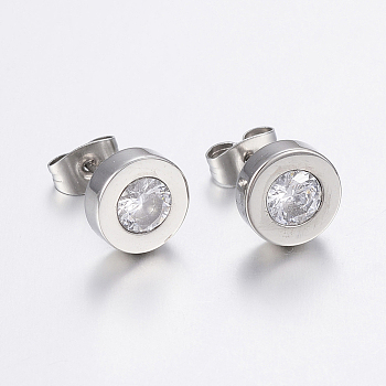304 Stainless Steel Stud Earrings, with Cubic Zirconia, Flat Round, Stainless Steel Color, 9x3.5mm, Pin: 0.8mm