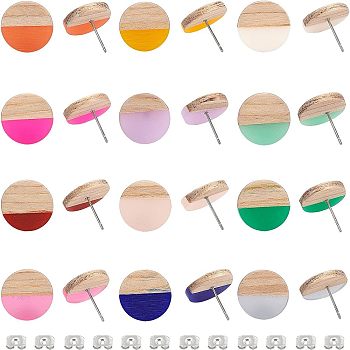 Resin & Wood Stud Earrings, with 304 Stainless Steel Pins and Iron Ear Nuts, Flat Round, Mixed Color, 15mm, Pin: 0.7mm, 12 colors, 1pair/color, 12pairs/box