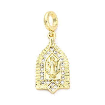 Brass Micro Pave Cubic Zirconia Saint European Dangle Charms, Large Hole Pendants, Real 16K Gold Plated, 31.5mm, Hole: 4.2mm