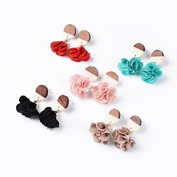 Stud Earrings, with Cloth Pendant, Resin & Wood Pendants and Stainless Steel Findings, Flat Round and Flower, Mixed Color, 46.5~50.5mm, Flat Round: 18x2.8mm, Flower: 26.5~30.5x26.5~32mm, Pin: 0.6mm