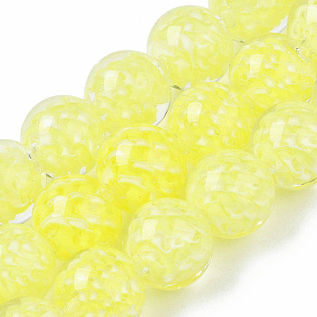 Transparent Handmade Lampwork Beads Strands, Inner Flower, Round, Yellow, 11.5~12.5mm, Hole: 1.5mm, about 45pcs/strand, 19.88 inch(50.5cm)