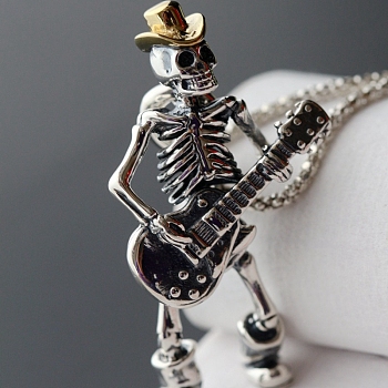 Alloy Pendant Necklaces, Skull with Guitar, Antique Silver, 23.62 inch(60cm)
