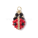 Glass Seed Beads Ladybird Pendants, with Natural Black Spinel Beads & Golden 304 Stainless Steel Jump Ring, Red, 18x13x8mm, Hole: 2.5mm(PALLOY-MZ00453)