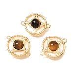 Natural Tiger Eye & Natural Shell Brass Flat Round Links Connector Charms, Real 18K Gold Plated, 19x15x5.5~6mm, Hole: 1.2mm(KK-N289-16G-01)