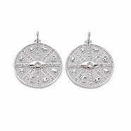 Brass Micro Pave Clear Cubic Zirconia Pendants, Nickel Free, Flat Round with Compass, Real Platinum Plated, 22.5x20x2.5mm, Jump Ring: 5x1mm, Inner Diameter: 3mm(KK-S356-695)