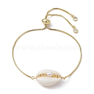 Natural Shell & Pearl Links Slider Bracelet, Golden Brass Box Chains Adjustable Bracelet for Women, Golden, Inner Diameter: 3/8~3-5/8 inch(1~9.2cm)(BJEW-JB09691)