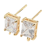 Brass with Cubic Zirconia Stud Earring Findings, Rectangle, with Vertical Loops, Real 18K Gold Plated, 12x7mm, Hole: 1.6mm, Pin: 0.9mm(KK-Q789-14G)