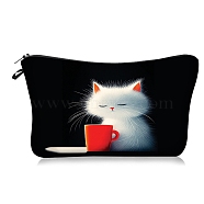 Polyester Cartoon Afternoon Tea Cat Printed Cosmetic Zipper Cluthch Bags, Portable Travel Cute Kitten with Cup Makeup Bags, Rectangle, White, 13.5x21cm(PW-WG8E879-01)