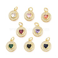 Brass Micro Pave Cubic Zirconia Pendants, with Jump Rings, Long-Lasting Plated, Cadmium Free & Lead Free, Light Gold, Flat Round with Heart, Mixed Color, 15.5x13x4mm(ZIRC-A023-07LG)