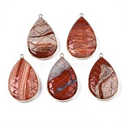 Natural Red Jasper Pendants, with Light Gold Plated Brass Findings, Teardrop, 50~51x31~31.5x10mm, Hole: 2mm(G-N326-108C)
