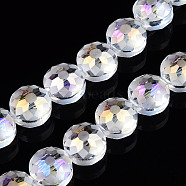 Electroplate Glass Beads Strands, Frosted, Rainbow Plated, Faceted, Flat Round, Clear AB, 12x8~9mm, Hole: 1mm, about 50pcs/strand, 23.62 inch(EGLA-Q084-12mm-10)