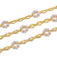 3.28 Feet Handmade Brass Link Chains, with Acrylic Imitation Pearl, Long-Lasting Plated, Unwelded, Golden, White, Links: 10.8x12.6x3.9mm and 7.2x5.6x1.3mm(X-CHC-L039-43B-G)