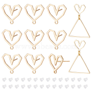 6 Pairs Brass Stud Earring Finding, Hollow Out Heart Stud Earring Post, with Horizontal Loops & Sterling Silver Pins, Golden, 13x12.5mm, Hole: 1mm, Pin: 0.7mm(KK-BC0011-89)