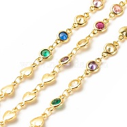 Brass Heart & Flat Round Link Chains, with Cubic Zirconia Beaded, Long-Lasting Plated, Soldered, with Spool, Colorful, 10x5x2mm, 10x5.5x2mm(CHC-E024-16G)