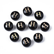 Handmade Lampwork Beads, with Golden Plated Brass Etched Metal Embellishments, Flat Round with Alphabet, Letter.H, 8x5mm, Hole: 0.8mm(LAMP-S196-001H)
