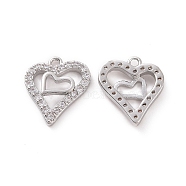 Brass Micro Pave Clear Cubic Zirconia Charms, Heart, Platinum, 15x13x3mm, Hole: 1.4mm(KK-E068-VF187)