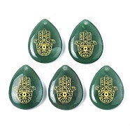 Natural Green Aventurine Pendants, Teardrop with Hamsa Hand Pattern, 32~33.5x25~26x6.5~7.5mm, Hole: 2mm, 6pcs/bag(G-T122-73I)