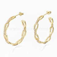 Semicircular Brass Micro Pave Clear Cubic Zirconia Cable Chain Stud Earrings, Half Hoop Earrings, with Earring Backs, Real 16K Gold Plated, 31x5mm, Pin: 0.8mm(EJEW-N015-01)