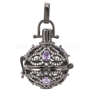 Brass Cage Pendants, For Chime Ball Pendant Necklaces Making, with Micro Pave Cubic Zirconia, Hollow Round, Clear & Lilac, Gunmetal, 30x26x23mm, Hole: 2.5x8mm, Inner Measure: 18.5mm(KK-Q749-004B)