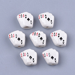 Handmade Porcelain Beads, Printed, Poker, Floral White, 16x15x8mm, Hole: 1.6mm(X-PORC-S498-66)