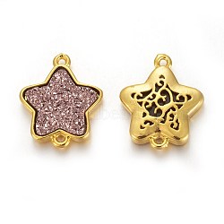 Brass Links connectors, with Druzy Resin, Golden Plated Color, Star, Rosy Brown, 17.5x15x3.7mm, Hole: 1mm(KK-O117-C01)