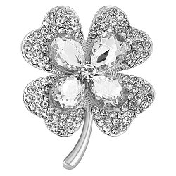 Cubic Zirconia Clover Brooch Pin, Golden Alloy Badge for Backpack Clothes, White, 42x50mm(JBR105G)