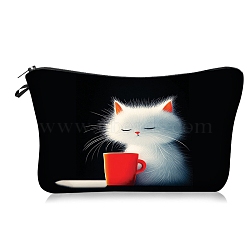 Polyester Cartoon Afternoon Tea Cat Printed Cosmetic Zipper Cluthch Bags, Portable Travel Cute Kitten with Cup Makeup Bags, Rectangle, White, 13.5x21cm(PW-WG8E879-01)