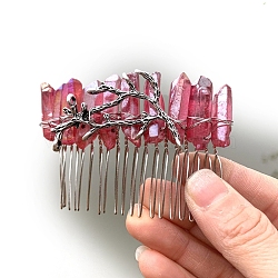 Natural Crystal Hair Combs, with Alloy Crown Hair Bands, for Women Girls, Camellia, 78x37mm(PW-WGC6E88-10)