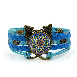 PU Leather Multi-strand Bracelet, Glass Mandala & Alloy Butterfly Links Bracelet for Women, Dodger Blue, 6-3/4 inch(17cm)(MAND-PW0001-40D)