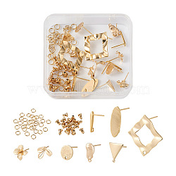Jewelry 16Pcs 8 Style Brass Stud Earring Findings, with Loops, Nickel Free, Flower & Triangle & Leaf & Oval & Teardrop, with 20Pcs 304 Stainless Steel Ear Nuts & 30Pcs Jump Rings, Golden, 10~28x3.5~28, Hole: 0.9~2.5, Pin: 0.7~0.8mm, 2Pcs/style(DIY-PJ0001-36)