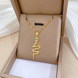 Brass Pave Full Cubic Zirconia Snake Pendant Necklaces, 201 Stainless Steel Dapped Chain Necklaces for Women, Golden, Green, 15.91 inch(40.4cm)(NJEW-D309-02G-B)