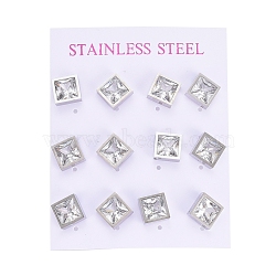 Cubic Zirconia Stud Earrings, with 304 Stainless Steel Findings, Square/Rhombus, Clear, 12.2x12.2mm, Pin: 0.6mm, 6pairs/card(EJEW-G267-04P)