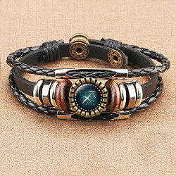 12 Constellations PU Leather Multi-strand Bracelets, Alloy Glass Flat Round Charm Bracelets for Men Women, Sagittarius, 7-1/8 inch(18cm)(WGFD09F-09)