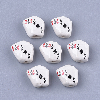 Handmade Porcelain Beads, Printed, Poker, Floral White, 16x15x8mm, Hole: 1.6mm