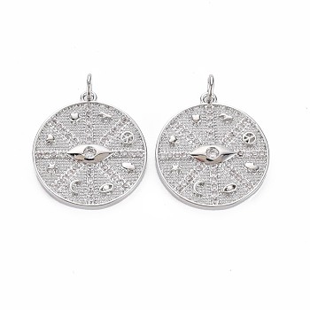 Brass Micro Pave Clear Cubic Zirconia Pendants, Nickel Free, Flat Round with Compass, Real Platinum Plated, 22.5x20x2.5mm, Jump Ring: 5x1mm, Inner Diameter: 3mm