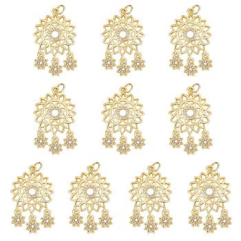 10Pcs Rack Plating Brass Micro Pave Clear Cubic Zirconia Pendants, with Jump Rings, Long-Lasting Plated, Cadmium Free & Lead Free, Flower, Real 18K Gold Plated, 30x18.5x3mm, Hole: 3.2mm