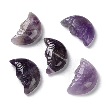Natural Amethyst Carved Healing Moon with Human Face Figurines, Reiki Energy Stone Display Decorations, 26x14~14.5x7mm