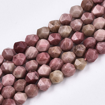 Natural Rhodochrosite Beads Strands, Star Cut Round Beads, Faceted, 5~6x6mm, Hole: 1.2mm, about 56pcs/strand, 14.17 inch(36cm)