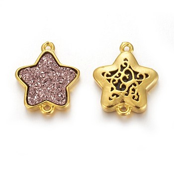 Brass Links connectors, with Druzy Resin, Golden Plated Color, Star, Rosy Brown, 17.5x15x3.7mm, Hole: 1mm