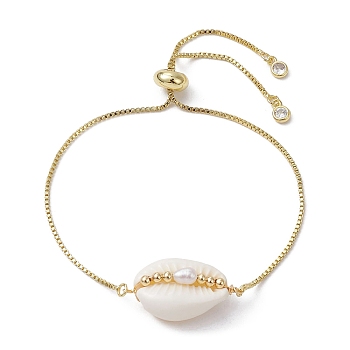 Natural Shell & Pearl Links Slider Bracelet, Golden Brass Box Chains Adjustable Bracelet for Women, Golden, Inner Diameter: 3/8~3-5/8 inch(1~9.2cm)