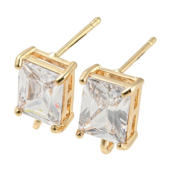 Brass with Cubic Zirconia Stud Earring Findings, Rectangle, with Vertical Loops, Real 18K Gold Plated, 12x7mm, Hole: 1.6mm, Pin: 0.9mm